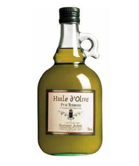 Glass bottle of Huile d'Olive Pur Terroir olive oil with a green liquid inside. - Olive Oil Times