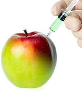 A red and green apple being injected with a syringe containing a green liquid. - Olive Oil Times