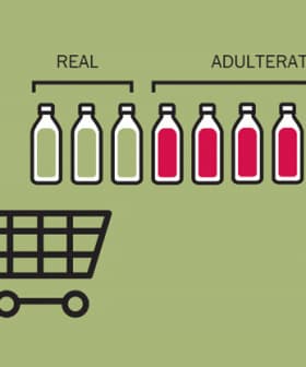 Graphic showing a person with a shopping cart next to bottles labeled real and adulterated in different colors. - Olive Oil Times