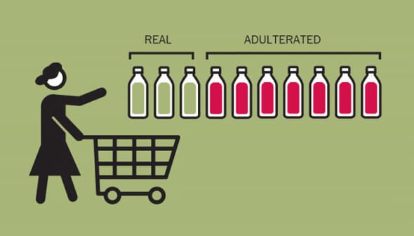 Graphic showing a person with a shopping cart next to bottles labeled real and adulterated in different colors. - Olive Oil Times