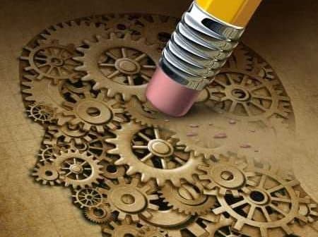Illustration of a pencil eraser removing gears from a brain, symbolizing thought processes. - Olive Oil Times