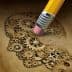 Illustration of a pencil eraser removing gears from a brain, symbolizing thought processes. - Olive Oil Times