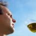 A man examining a glass of olive oil against a blue sky background. - Olive Oil Times