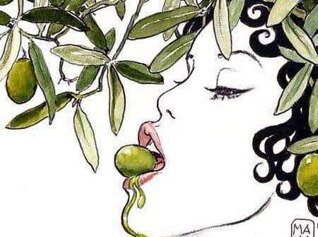 Artistic illustration of a woman with curly hair eating an olive, with olive branches above her. - Olive Oil Times