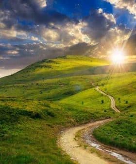 Sunset illuminating rolling green hills with a winding dirt path in the foreground. - Olive Oil Times
