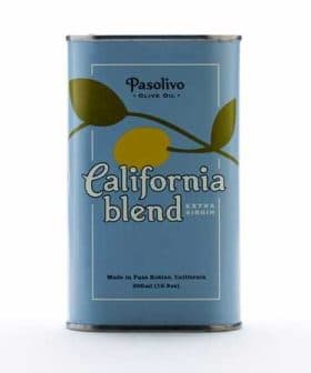 Blue can of Pasolivo California Blend Extra Virgin Olive Oil with a lemon graphic. - Olive Oil Times