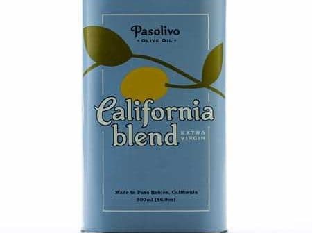 Blue can of Pasolivo California Blend Extra Virgin Olive Oil with a lemon graphic. - Olive Oil Times