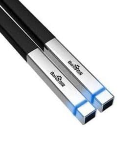 Black chopsticks with silver ends and blue LED lights for illumination. - Olive Oil Times