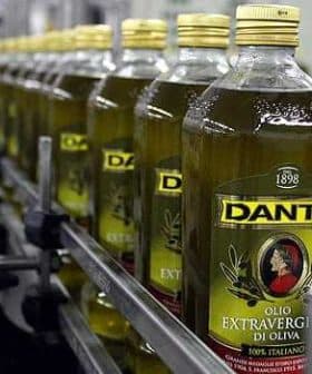 Row of Dante extra virgin olive oil bottles on a production line in a factory setting. - Olive Oil Times