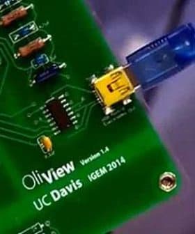 Close-up of an OliView circuit board with a blue Ethernet cable connected. - Olive Oil Times