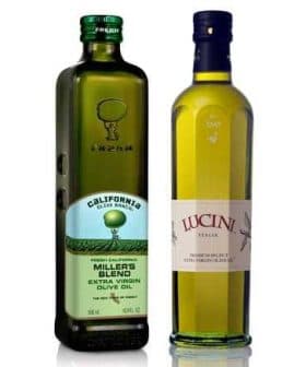 Two bottles of extra virgin olive oil, one labeled California Miller's Blend and the other Lucini from Italy. - Olive Oil Times
