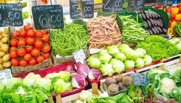 Variety of fresh vegetables including tomatoes, beans, and cabbages displayed at a market stall with price tags. - Olive Oil Times