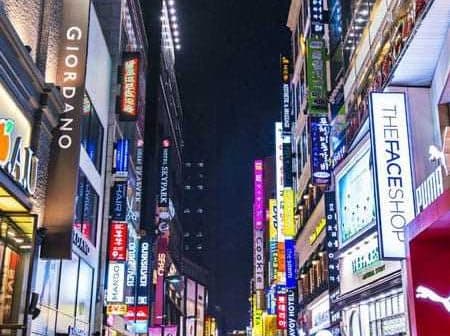 Illuminated shopping street in South Korea with various storefronts and signs at night. - Olive Oil Times
