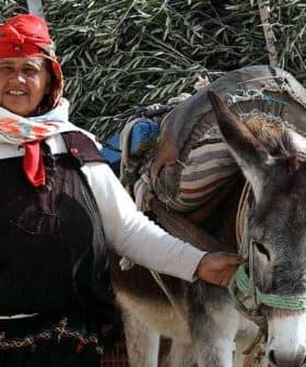 A woman in traditional attire standing next to a donkey with a saddle and bags. - Olive Oil Times