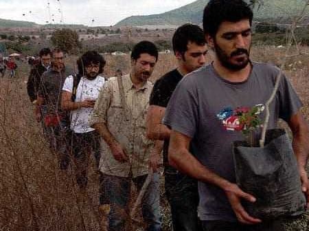 A line of individuals walking through a field, each carrying a potted plant. - Olive Oil Times