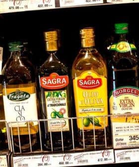Different brands of olive oil bottles displayed on a supermarket shelf. - Olive Oil Times