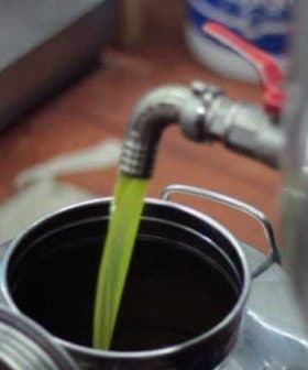Green olive oil being poured from a metal tap into a container. - Olive Oil Times