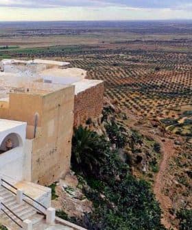 Aerial view of a landscape in Tunisia featuring olive groves and a building on a cliff edge. - Olive Oil Times