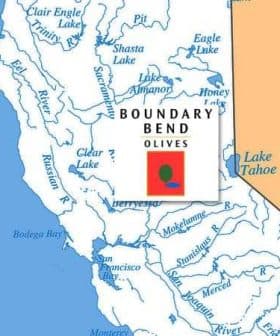 Map showing Boundary Bend Olives location in California with nearby lakes and rivers. - Olive Oil Times
