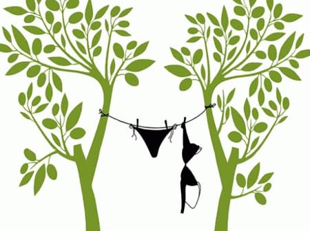 Black bikini and swim bottoms hanging on a clothesline between two stylized green trees. - Olive Oil Times