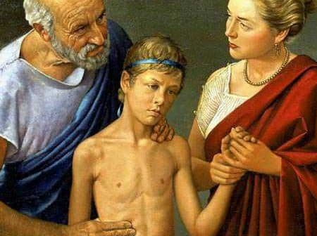 A painting depicting an elderly man, a boy, and a woman in a classical style. - Olive Oil Times