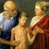 A painting depicting an elderly man, a boy, and a woman in a classical style. - Olive Oil Times