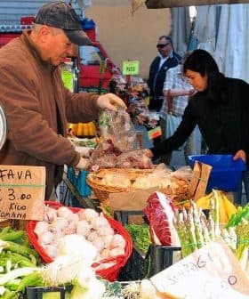 A market vendor handling fresh vegetables and fruits at a market stall with a customer selecting items. - Olive Oil Times