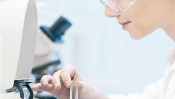Laboratory technician wearing safety glasses examining a sample under a microscope. - Olive Oil Times