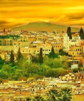 View of the city of Fez, Morocco, with buildings and trees under a yellow sunset sky. - Olive Oil Times