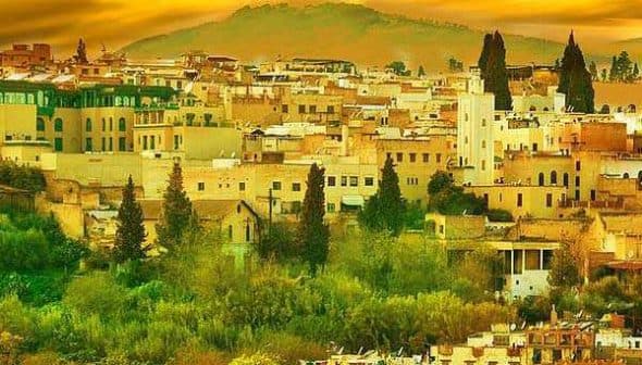 View of the city of Fez, Morocco, with buildings and trees under a yellow sunset sky. - Olive Oil Times