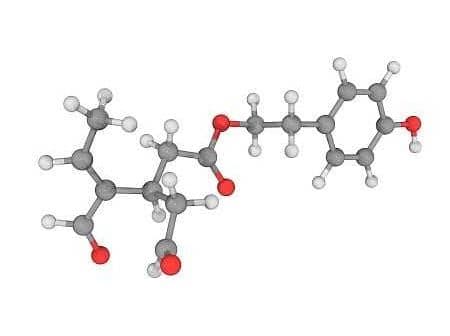 3D molecular structure of oleocanthal with atoms represented in different colors. - Olive Oil Times