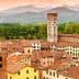 Aerial view of Lucca's rooftops featuring a historic tower and surrounding mountains. - Olive Oil Times