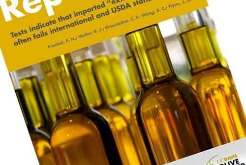 Cover of a report titled 'Report' with images of olive oil bottles and text about olive oil standards. - Olive Oil Times