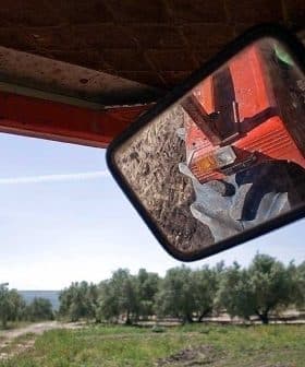 Reflection of a tractor's rear light in the side mirror while parked in an olive grove. - Olive Oil Times