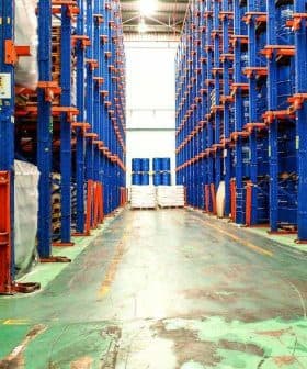 Interior view of a warehouse featuring rows of blue storage barrels on shelves. - Olive Oil Times