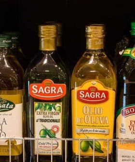 Various bottles of extra virgin olive oil, including Sagra and Fragata brands, displayed on a shelf. - Olive Oil Times