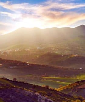 Panoramic view of the Basilicata region in Italy with mountains and valleys under a sunset sky. - Olive Oil Times
