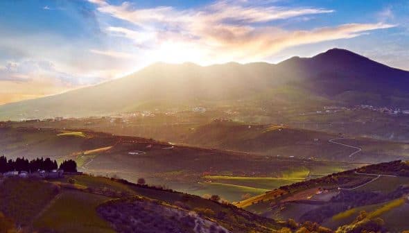 Panoramic view of the Basilicata region in Italy with mountains and valleys under a sunset sky. - Olive Oil Times