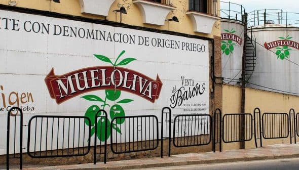 Three large oil storage tanks with branding and text in Spanish on a building exterior. - Olive Oil Times