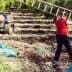 A person carrying a ladder in an olive grove during the harvesting process. - Olive Oil Times