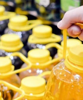 A hand gripping a bottle of oil with a yellow cap among multiple bottles on a shelf. - Olive Oil Times