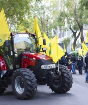 Red tractor surrounded by yellow flags at a demonstration in an urban area. - Olive Oil Times