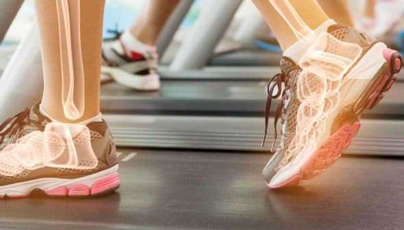 Anatomical illustration of feet in running shoes on a treadmill showing bone structure and movement. - Olive Oil Times