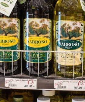 A selection of olive oil bottles displayed on a store shelf, featuring different brands and types. - Olive Oil Times