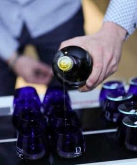 A person pouring olive oil from a bottle into a row of blue glass containers. - Olive Oil Times
