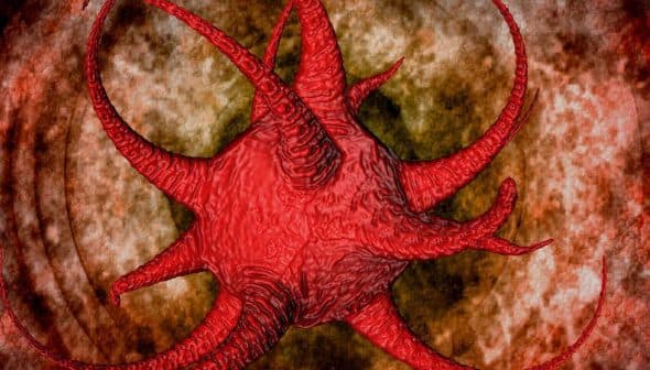 Illustration of a red virus with spiky protrusions against a textured background. - Olive Oil Times