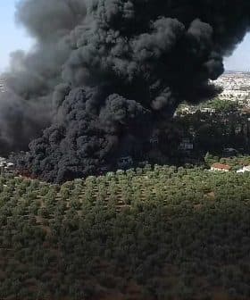 Thick black smoke rising from an industrial area surrounded by olive trees and buildings. - Olive Oil Times
