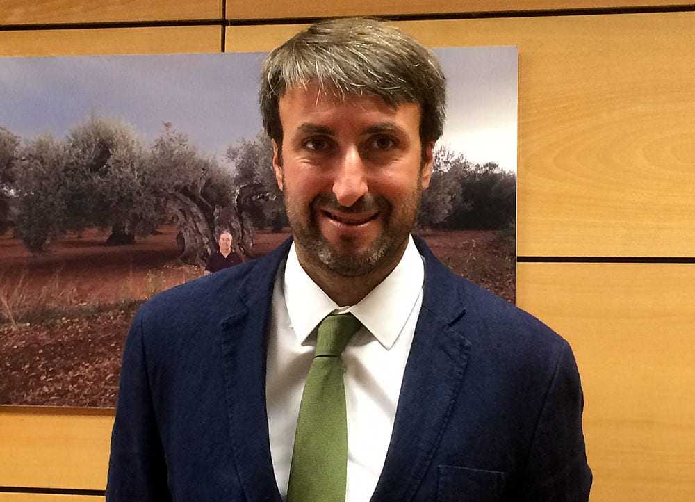 Man wearing a dark suit and a green tie, standing in front of a background featuring olive trees. - Olive Oil Times