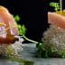 Two pieces of sliced tuna garnished with flowers and herbs on a stone surface. - Olive Oil Times