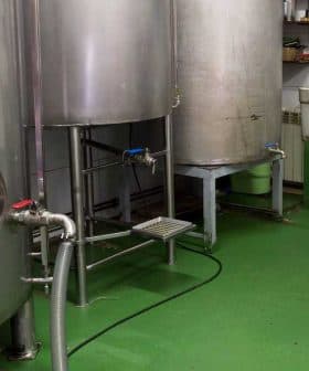 Three stainless steel storage tanks in a processing facility with green flooring. - Olive Oil Times